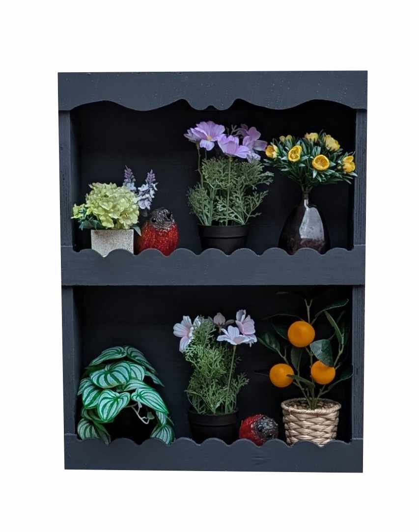 Handgemaakt houten muurkastje met één vak in naturel kleur aan een muur